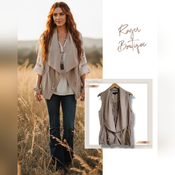 Trixxie Clothing Company Jackets & Blazers - 🌿Trixxie Clothing Co. Women's Large Tencel Draped Collar Drawstring Vest Jacket